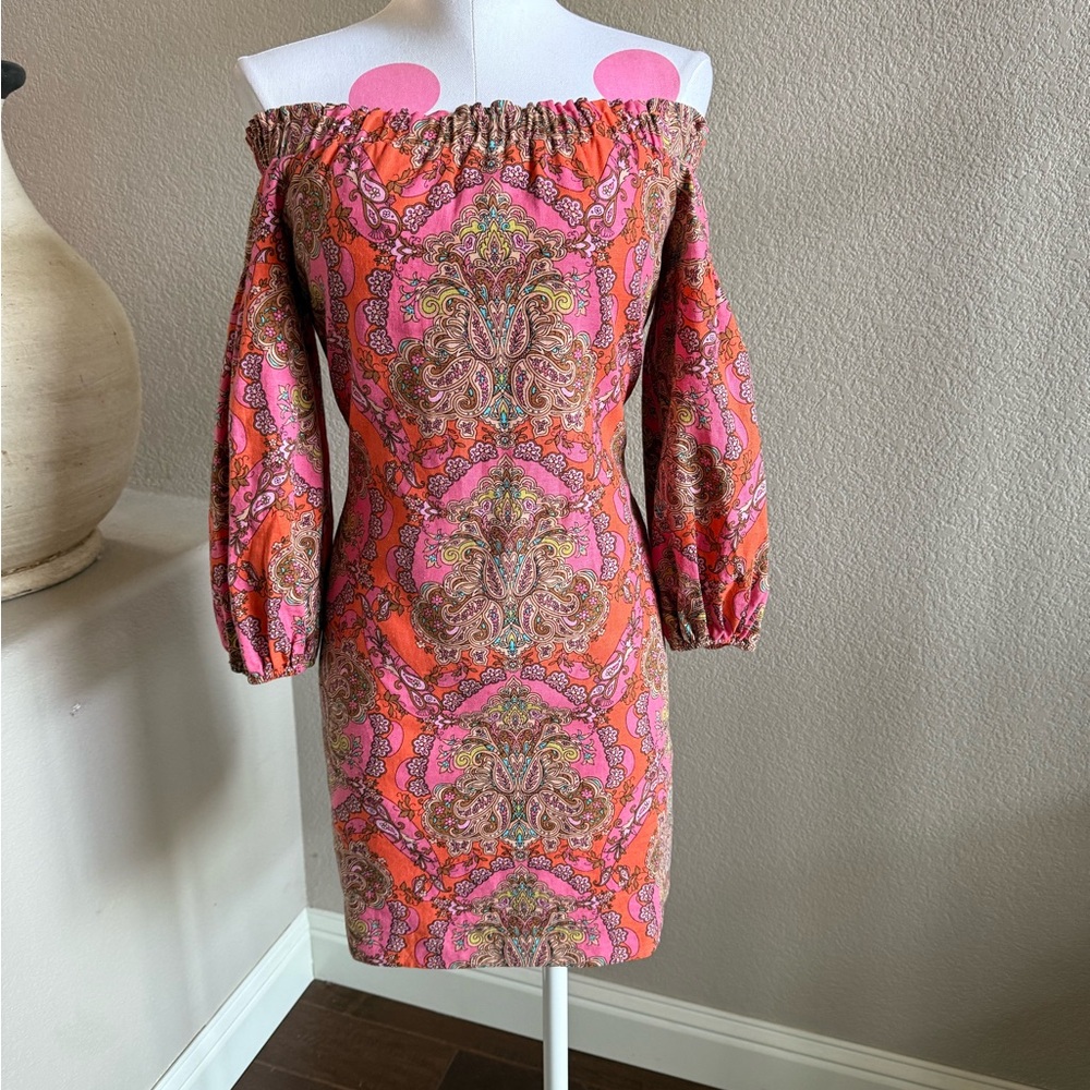 NWOT Vince Camuto 3/4 Off-the-Shoulder Linen Paisley Shift Dress, Size 4